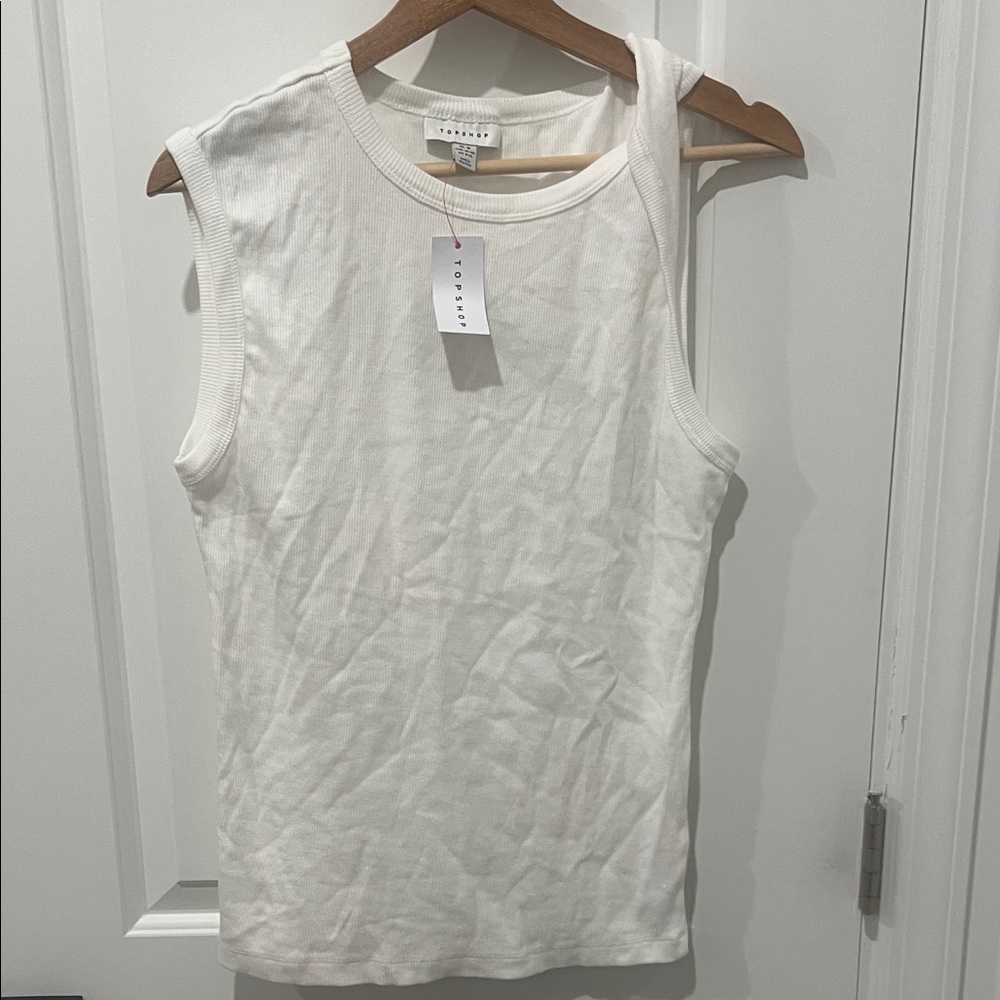 New! Topshop White‎ Ribbed Twisted Shoulder Tank Top Size Medium